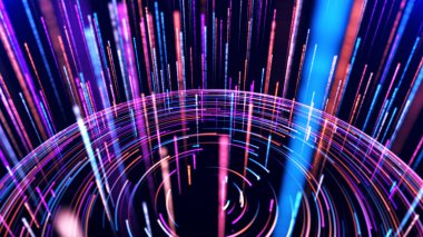 Renkli ışığın canlı bir görüntüsü karanlık bir arkaplana karşı dinamik bir hareket ve enerji hissi yaratır. Renklerin ve hareketin etkileşimi fütüristik ve soyut bir sahne yaratır..