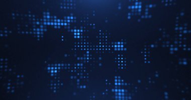 Parlayan mavi karelerden oluşan dinamik ve soyut bir dijital pikselin arka planı. Karanlık arka plan piksellerin parlak etkisini artırarak modern, teknolojik bir görüntü yaratıyor. Teknoloji temalı tasarımlar ve dijital sanat tanıtımı için mükemmel.
