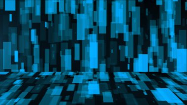 Dinamik soyut bir arkaplan, dikey mavi dikdörtgenler ve koyu bir arkaplan üzerinde kareler içerir, derinlik ve hareket hissi yaratır. Teknoloji ve dijital tasarım temaları için ideal.