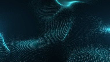 Büyüleyici bir dijital dalga arka planı, neon yeşil renkleri ve parlayan noktalardan oluşan bir ızgarası var. Soyut tasarım bir derinlik ve hareket hissi yaratır..