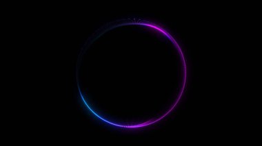 Büyüleyici bir neon çember koyu bir ortamda parlar, canlı maviden mor renge dönüşür. Parlak halka büyüleyici, fütüristik bir ortam yaratır..