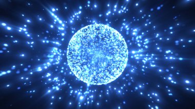 Büyüleyici bir mavi küre canlı ışık parçacıkları yayar, dinamik ve dünyevi bir etki yaratır. Parlak desenler enerji, teknoloji ve hareketi gösteriyor..