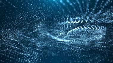 Karanlık bir arkaplanda parlayan parçacıkların olduğu büyüleyici bir dijital manzara hareket ve derinlik hissi yaratıyor. Teknoloji ve gelecek temalar için ideal.