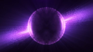 Karanlık bir zemin üzerine kurulmuş canlı bir mor küre göz alıcı enerji ışınları yayarak büyüleyici bir kozmik etki yaratır. Küre etrafında parlayan parçacıklar hareket ve enerji hissini arttırır..