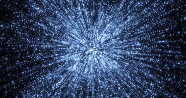 Merkezi bir noktadan yayılan büyüleyici mavi parçacık patlaması dinamik bir hareket ve enerji hissi yaratıyor. Göz kamaştırıcı görüntü kozmik bir patlamayı ya da dijital veri görsellemesini andırıyor, değişen ışıkla güzel bir simetri gösteriyor.