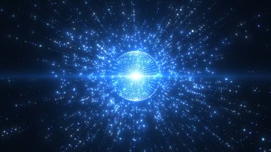 Işıl ışıl parlayan mavi bir küre, tüm yönlere yayılan parlak ışık parçacıkları yayar ve büyüleyici bir kozmik etki yaratır..