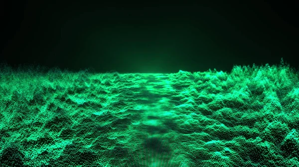 Fütürist teknolojiyi çağrıştıran canlı bir neon yeşil dalga manzarası. Parlayan pikselli yüzey karanlık bir gökyüzünün altındaki tekno-esinlenilmiş bir araziye benziyor..