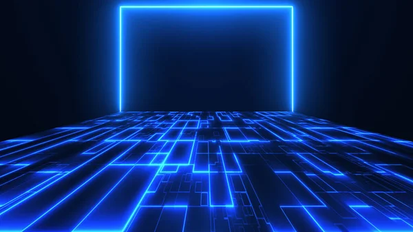 Canlı, parlak mavi neon bir dijital ızgara, ruhani bir parıltı yayarak gelecekteki bir portala doğru uzanır. Sahne bir bilim kurgu ortamı ve dijital yenilik yayıyor, teknoloji, siber uzay ve sanal gerçeklik temaları çağrıştırıyor.