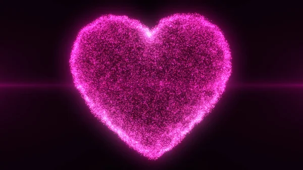 Parıldayan parçacıklardan oluşan canlı pembe bir kalp. Karanlık bir arkaplanda. Parlak etkisi sıcak ve büyüleyici bir ortam yaratır. Aşk ve romantizmi çağrıştırır..