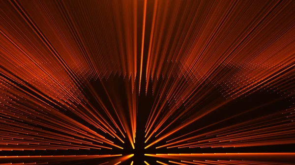 Dinamik turuncu ışık demetleri olay yeri boyunca yayılır, ince noktalı desenler kesişir. Bileşimi modern bir estetik ile enerji ve hareket izlenimi veriyor..