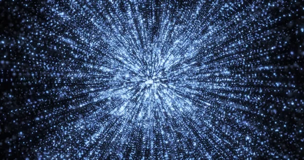 Merkezi bir noktadan yayılan büyüleyici mavi parçacık patlaması dinamik bir hareket ve enerji hissi yaratıyor. Göz kamaştırıcı görüntü kozmik bir patlamayı ya da dijital veri görsellemesini andırıyor, değişen ışıkla güzel bir simetri gösteriyor.