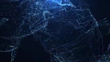 Mavi zemin üzerinde hareket eden parçacıkların ve noktaların soyut parlayan mavi dalgası, büyük veri görselleştirmesi, geleceksel ve dijital arkaplan, 3D, 4K