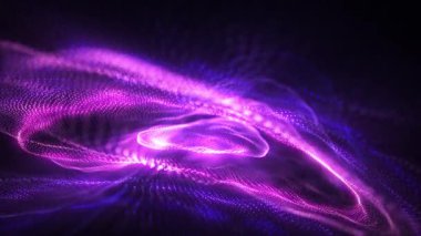 Soyut dijital dinamik mor parçacık dalgaları hareket eden ışık, veri akışı ve siber teknolojiye karşı. 3 boyutlu görüntüleme. Kusursuz 4K döngü videosu. Başlık ekranı için video animasyonu.