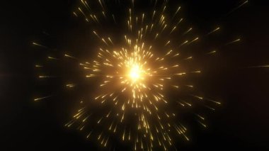 Işıl ışıl altın bir patlama: dinamik bir enerji patlaması, parıldayan parçacıklar ve toz. Kusursuz döngü, 4K.