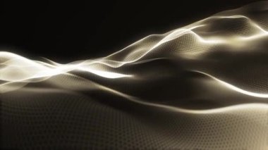Altın parçacık ve ışık dalgaları ile dijital soyut arkaplan, fütürist siber zemin, parlak altın tozlar ve parlak parçacıkların büyülü animasyonu, parıldayan ve ışıldayan noktalar. Üç boyutlu. Döngü.