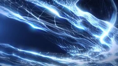 Karmaşık sistemler ve verilerde bükülmüş parçacık dalgalarında soyut neon. Fütürist ve dijital arkaplan, 3D, 4K, kusursuz döngü