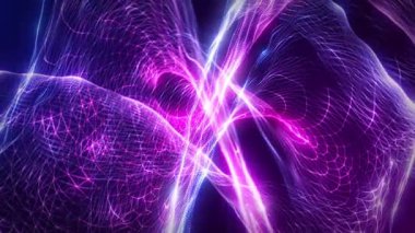 Parlayan mor ve pembe parçacıkların akışkan dijital dalgası dinamik bir sinir ağı oluşturuyor. Soyut bir dijital arkaplan, teknoloji, veri, yapay zeka veya gelecek bilimi ile ilgili konular için mükemmel. Kusursuz döngü canlandırması.