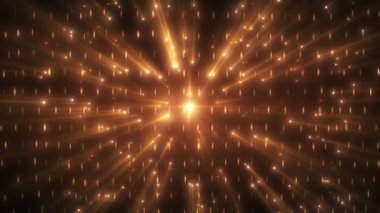 Altın ışık çizgilerinin soyut kozmik patlaması ve parlak bir merkezden yayılan parçacıklar fütüristik bir kozmik enerji arka planı yaratıyor. Kusursuz döngülü 4k video.