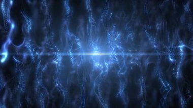 Dijital parçacık dalgaları ışık ve veri noktaları akışı, büyük veri görselleştirmesi, fütüristik veya teknolojik soyut arkaplan yayar. Kusursuz döngü canlandırması.
