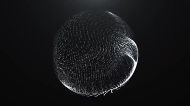 Karanlık bir arka planda parlayan parlak beyaz parçacıklardan oluşan soyut bir yuvarlak küre, parlak noktalardan oluşan enerjik bir top ve hareket eden küresel bir küre. Modern 4K tasarımları için kusursuz döngü videosu.