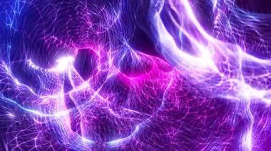 Siber dalgalı düz yüzey animasyonu mor ve pembe parçacıklar dinamik sinir ağı oluşturuyorlar. Teknoloji, veri, yapay zeka ya da fütüristik bilim için mükemmel bir gelecek dijital arka plan. Kusursuz döngü canlandırması.
