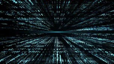 Işıldayan parçacıklar ve çizgilerle geleceğe ait mavi veri tüneli, hız, derinlik ve dijital akışı gösteren soyut teknoloji arkaplanı.