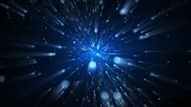 Mavi ışık çizgileri parlak bir merkeze doğru koşuyor, parçacıklarla soyut warp hızı efekti, fütürist enerji patlaması ve derin uzay hareket arkaplanı.