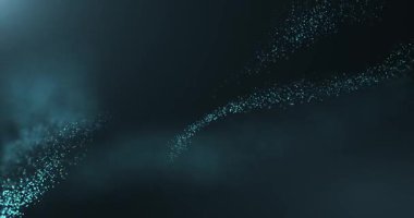 Karanlık uzayda çapraz akan soyut mavi parçacık akışı, veri hareketi, teknoloji ve enerji akışını sembolize eden fütürist dijital arkaplan.