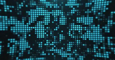 Parlak piksellerden ve karelerden oluşan soyut mavi dijital ızgara, teknoloji, ağ ve bilgi akışını temsil eden geleceksel veri görselleştirme arkaplanı.