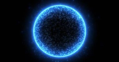 soyut sihirli yuvarlak küre, parlak noktalardan oluşan, karanlık bir arkaplanda parlayan parlak mavi parçacıklardan, küresel bir topun hareketinden oluşan bir enerji topu. Kusursuz 4k video.