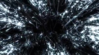 Soyut beyaz ışık izleri ve dinamik enerji oluşturan parçacıklar koyu arkaplan üzerinde akar, derinlik ve parlayan çizgilerle gelecekçi dijital hareket.