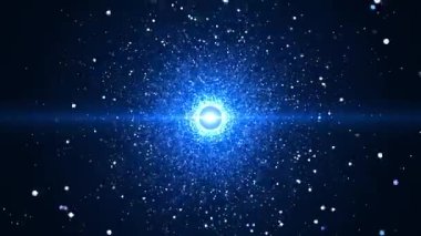 Parlayan çekirdekli mavi kozmik parçacık patlaması, yıldız benzeri toz ve enerji dalgaları, bilim kurgu alanı arka planı, geleceksel hareket