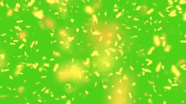 Düşen altın konfetileri ve yeşil arka planda parlayan güzel bokeh. Renkli soyut 3B arkaplan,