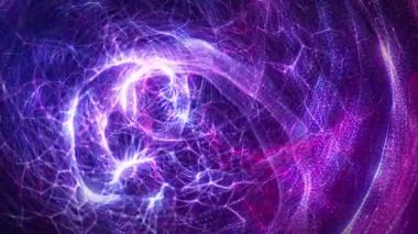 Parlayan parçacıklar ve sinirsel çizgilerin soyut mor enerji girdabı, yapay zekayı, veri ağlarını ve gelecekteki teknolojiyi sembolize eden dinamik bir kozmik akış oluşturur. Kusursuz döngü