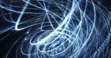 Dinamik mavi ışık izleri ve parlayan parçacıklar karanlık bir arkaplanda dönerek veri, enerji ve ağlardan esinlenerek soyut bir fütüristik hareket tasarımı oluştururlar..