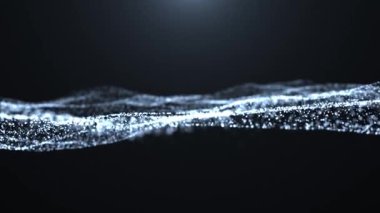 Soyut beyaz parçacık dalgaları karanlık bir zemin üzerinde akar ve veri akımları, dijital enerji ve teknolojiden esinlenen geleceksel bir hareket sahnesi yaratır..