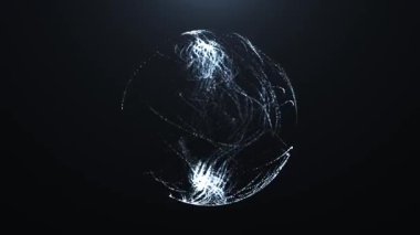 Karanlık uzayda akan ışık izlerine sahip soyut parlayan parçacık küresi dijital verileri, yapay zekayı, enerjiyi ve gelecekteki teknolojiyi sembolize ediyor. 4K döngülü canlandırma