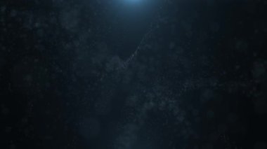 Yumuşak akışkan parçacıklar ve ince ışık dalgaları ile karanlık soyut arka plan, teknoloji, bilim ve veri görselleri için sakin bir fütürist atmosfer oluşturur..