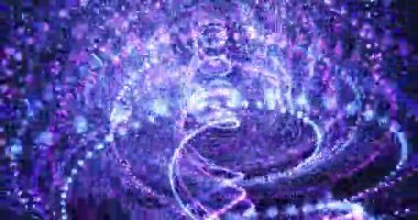 Parlayan parçacıkların ve ışık yollarının soyut kozmik girdabı, dönen mor ve mavi enerji, gelecekteki dijital gökada hareketi arka plan döngüsü.