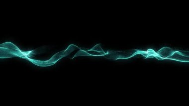 Soyut turkuaz parçacık dalgası koyu arkaplanda akıyor, parlak noktalı fütüristik dijital enerji akışı, ses dalgası ve veri hareket döngüsü.