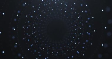 Siber dünyadan soyut fütüristik sahne, parçacıklardan ve noktalardan oluşan bilim kurgu tüneli, teknolojinin parlayan yüzeyi, neon ışıklı gece sahnesi, sanal gerçeklik konsepti. Pürüzsüz 4K video döngüsü.