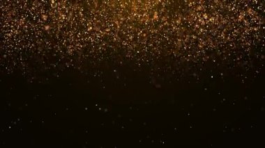 Soyut animasyon konsepti olan altın parçacıklar doğum günlerini ve bayramları kutlamak için yağmur gibi yağar. 4K döngüsü koyu arkaplan üzerine bokeh arkaplan. Animasyon videosu. Kusursuz döngü 4K videosu.