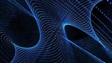 Gelecekçi soyut mavi ışık parçacıkları karanlık bir zemin üzerinde dönen geometrik desenler ve ışınlar oluşturarak çağdaş tasarım projeleri için dinamik, yüksek teknolojili bir dijital dalga etkisi yaratırlar..