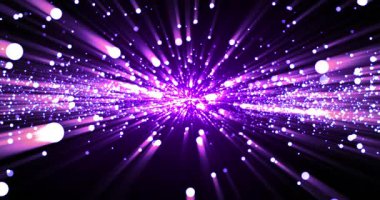 Parlayan ışık yolları ve bokeh ile parlak mor parçacık patlaması bilim kurgu, teknoloji ve soyut arkaplanlar için dinamik bir fütüristik enerji patlaması yarattı..