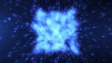 Merkezden parlayan mavi parçacıklar patlıyor, Bokeh ışıklarıyla soyut kozmik tünel, teknoloji, veri ve bilim kurgu görselleri için dinamik fütüristik arkaplan.