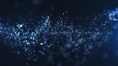 Uzayda dolaşan soyut mavi parçacıklar, karanlık bir zemin, fütüristik veri akışı ve dijital hareket efekti üzerinde parlayan noktaların dinamik dalgasını oluşturur. Kusursuz döngü