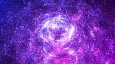 Parlayan elektrik hatlarına sahip mor parçacık girdabı kozmik bir sarmal oluşturarak derinlik, hareket ve fütüristik bilim kurgu modunda soyut bir enerji alanı oluşturur. Kusursuz döngü