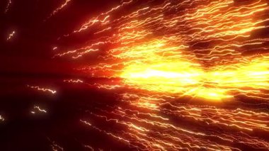 Soyut turuncu elektrik çizgileri karanlık uzayda fışkırıyor, parlayan enerji çizgileri hız ve hareketle güçlü bir fütüristik zemin oluşturuyor. Kusursuz döngü