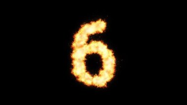 Siyah bir arkaplanda yanan 6 numaralı ateşli bir alev geri sayımı başlangıç, güç, enerji, rekabet ve muhteşem açılış görsellerini simgeleyen bir alev animasyonu..