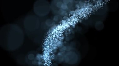 Soyut mavi parçacıklar karanlık bir arkaplanda, veri akışlarını, teknolojiyi, derinliği, hareketi ve gelecekteki enerjiyi sembolize eden bir dalgayı oluştururlar..